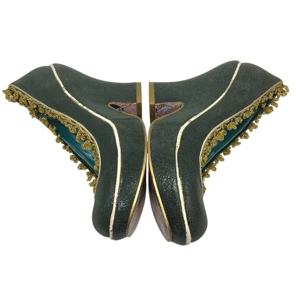 Irregular Choice Green Leather Gold Ricrac Slip On Platform Pumps Heels Women 38 - Picture 11 of 14